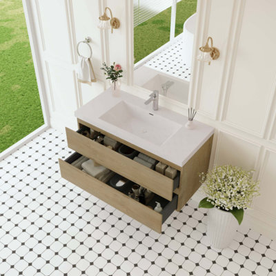 Meuble-lavabo flottant avec lavabo, meuble-lavabo mural moderne avec lavabo à surface solide et tiroirs à fermeture en douceur
