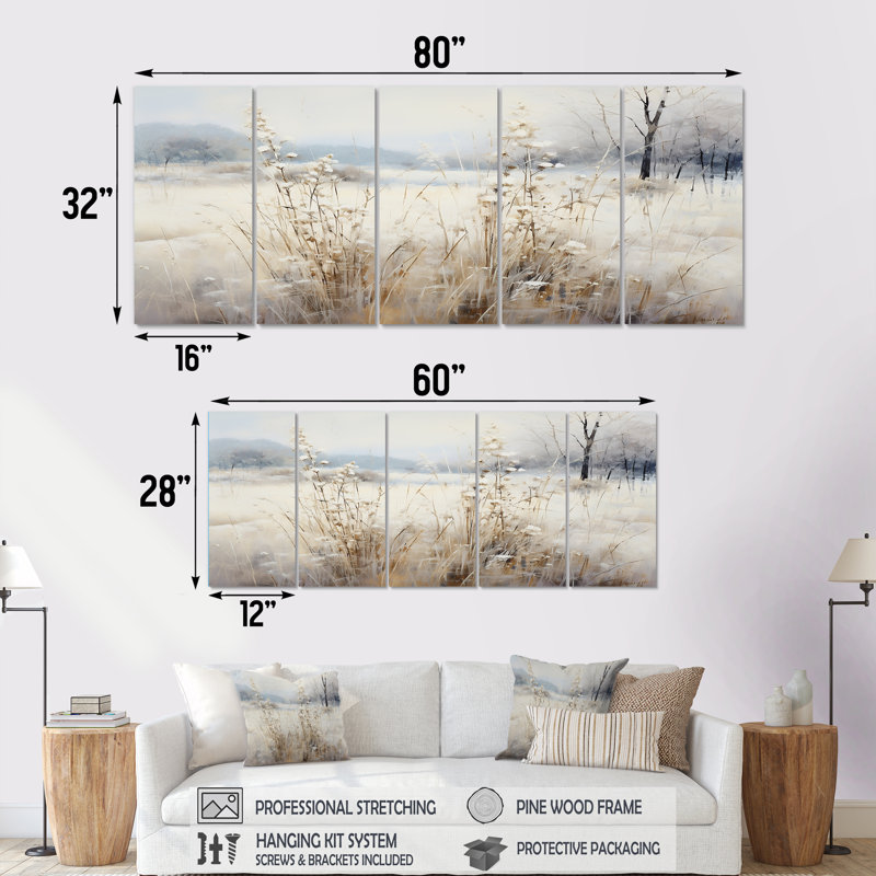«Winter Meadow View Calmness I - Meadow», ensemble de 5 pièces d'art mural, H 32 po x l 80 po