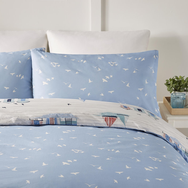 Beach Huts Blue/Grey/Pink 120 TC Reversible Modern & Contemporary Duvet Cover Set, Double - 2 Standard Pillowcases