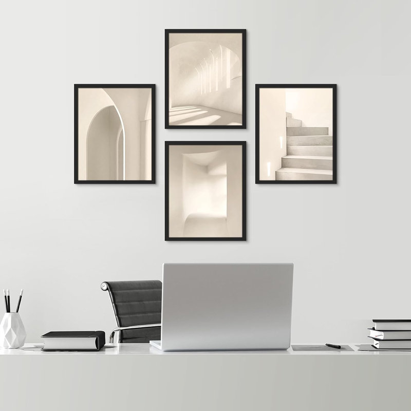 Mid-Century neutre, impression encadrée 4 pièces, Cadre noir, H 10 po x l 8 po x P 1 po