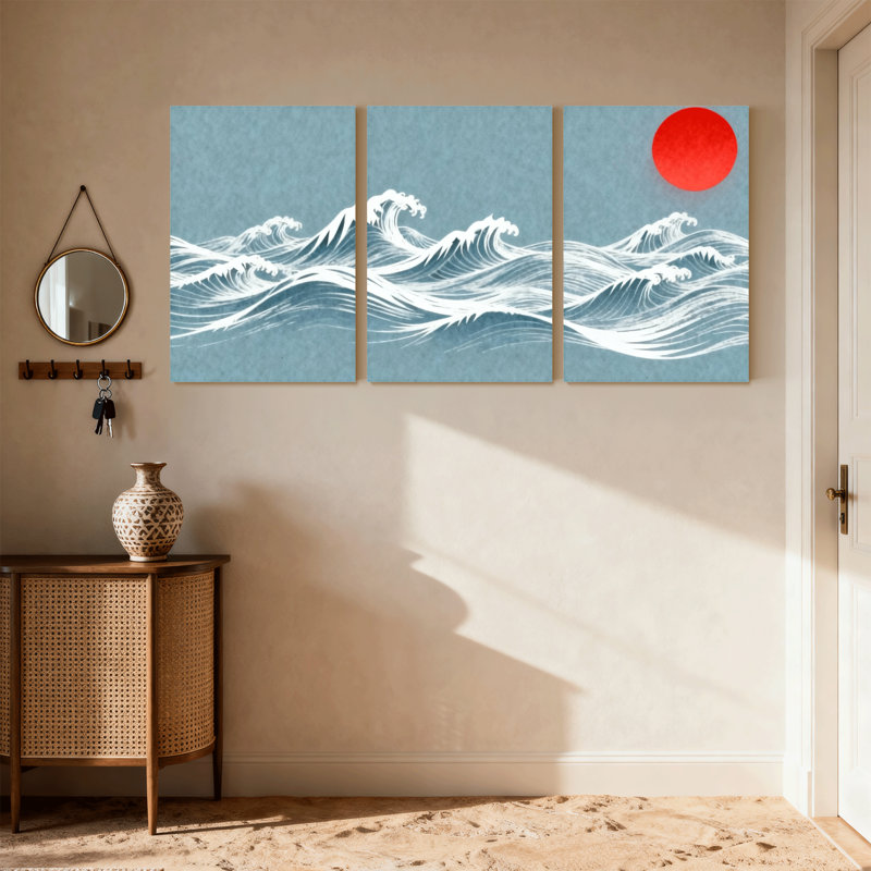 Ensemble de 3 impressions sur toile Nautical & Beach Ocean Waves Under Red Sun, H 36 po x l 72 po