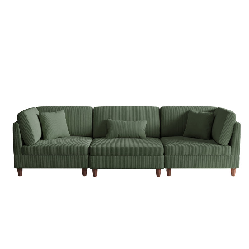 3 - Piece Upholstered Corduroy Modular Sectional with Pillow Back and Solid Wood Legs, Green