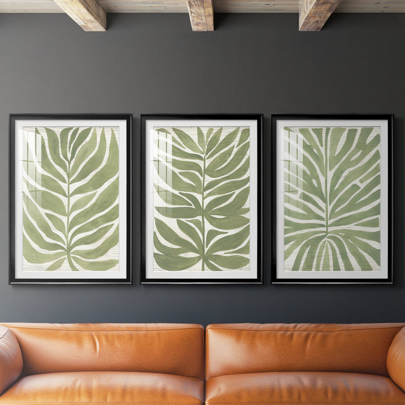 Driftwood Palm Leaf I - Impression personnalisée de qualité supérieure avec cadre - 3 pièces, Noir, H 19 po x l 27 po
