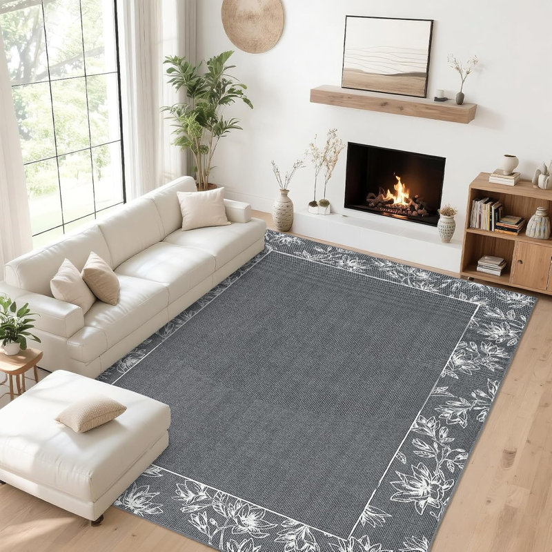 2x6 Washable Modern Bordered Hallway Rug, Non-Slip Low Pile Abstract Floral Runner for Kitchen, Laundry, Entryway, Linen
