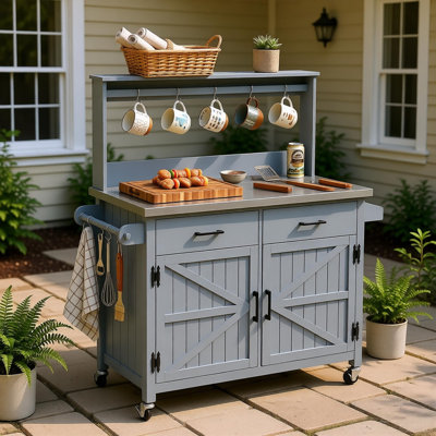 54.1" Outdoor Kitchen Island With High Shelf, Large Outdoor Potting Bench Table With Stainless Steel Top And Storage Cabinet, Solid Wood Grill Cart With Lockable Wheels For Bbq, Garden, Grey Blue