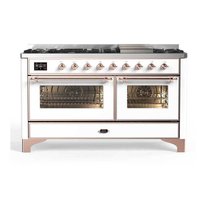 ILVE UM15FDNS3BGG Majestic II 60 inch Dual Fuel Range with 9 Burners, Griddle (Natural Gas, Triple Glass Door, Blue Grey, Brass)