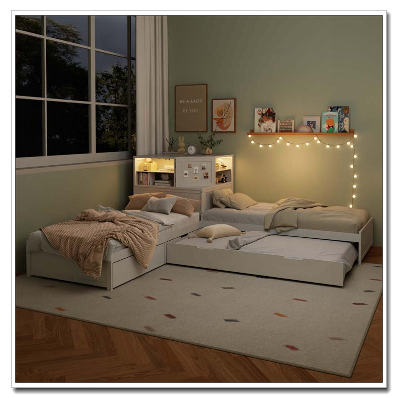 Structure de lit simple en L avec lit gigogne et bureau en L 3 en 1, Blanc