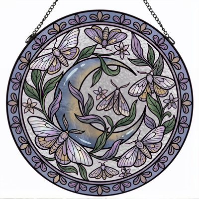 Moth Moon Stained Glass Window Panel，12"H