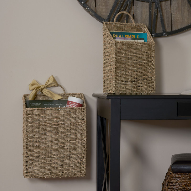 2-Piece Rectangular Wicker Hanging Basket Set in Handwoven Seagrass with Metal Frame