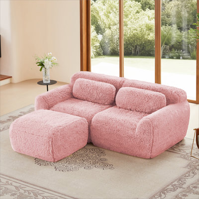 L-shaped Boneless Sofa,Soft Fluffy Plush Fabric,With Chaise 32D High Density Sponge,No Assembly Required,Ergonomic Design Bottom Anti-Slip Design,With Throw Pillows,Fits Bedrooms,Pink