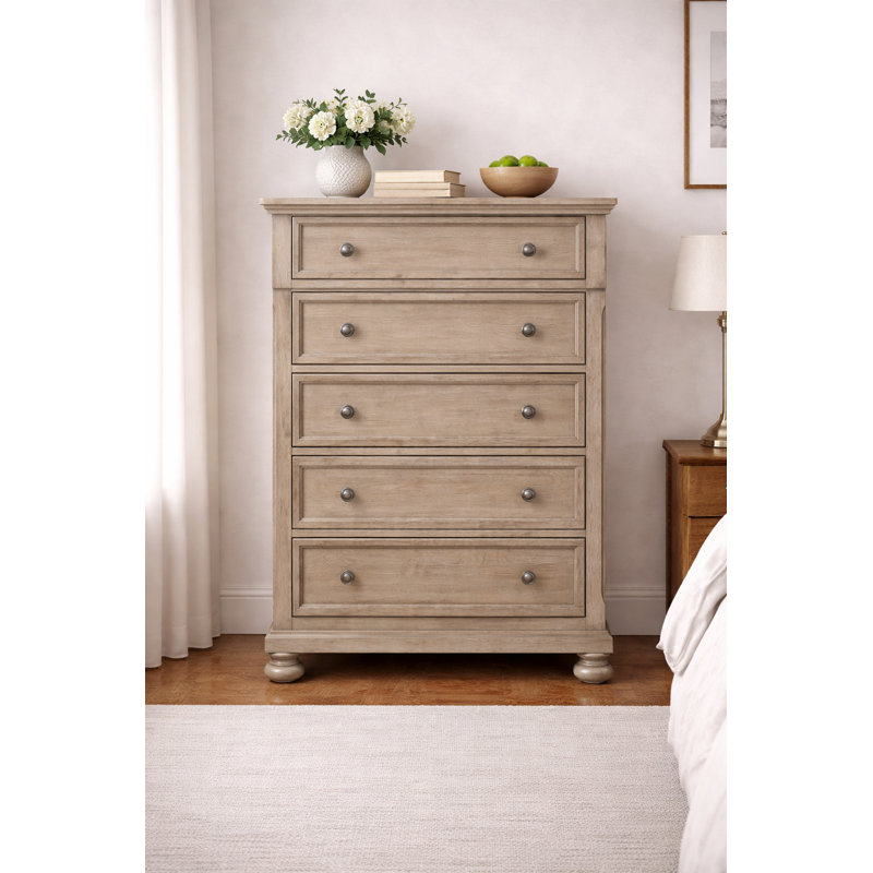 Commode 5 tiroirs Alek, Gris brossé au métal