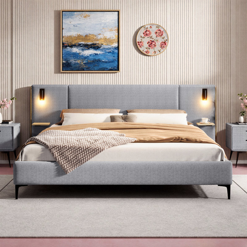Lit tapissier grand / très grand avec éclairage et tablettes intégrés, Grand lit, Gris