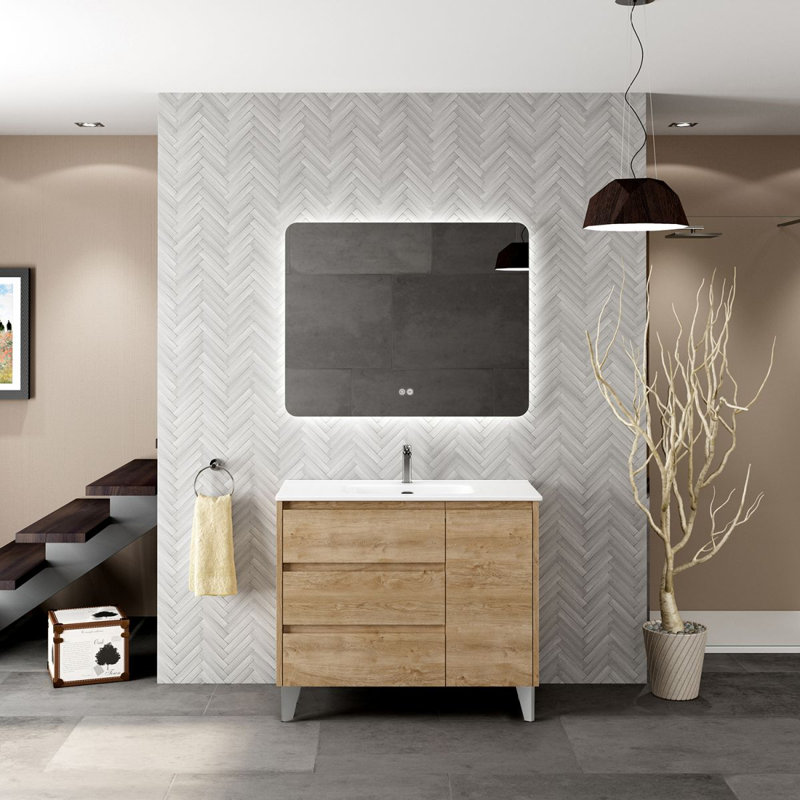 Meuble-lavabo simple autoportant avec plateau en céramique 28 po Lila, Chêne naturel, 32"