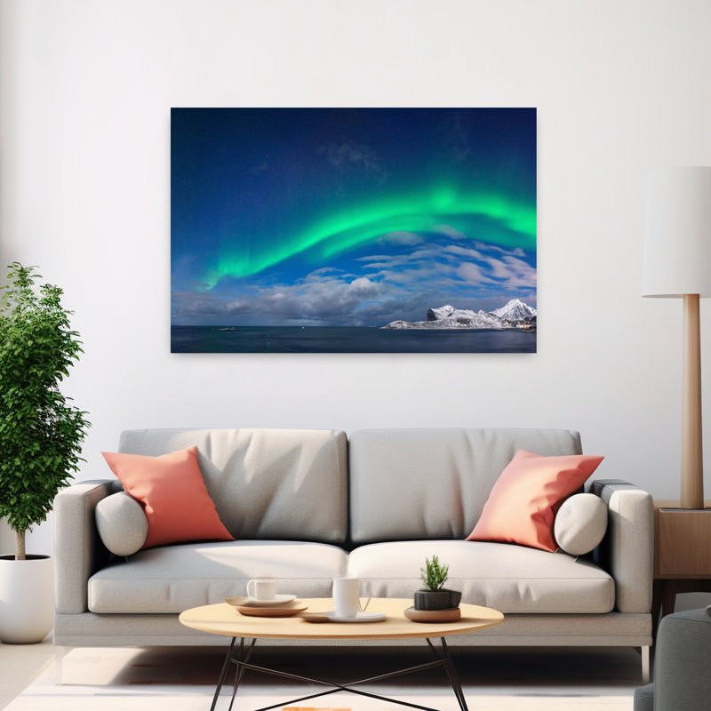 Aurore boréale au-dessus de Flaget Bay, Lofoten, Nordland, Norvège, paysage contemporain abstrait, art naturel
