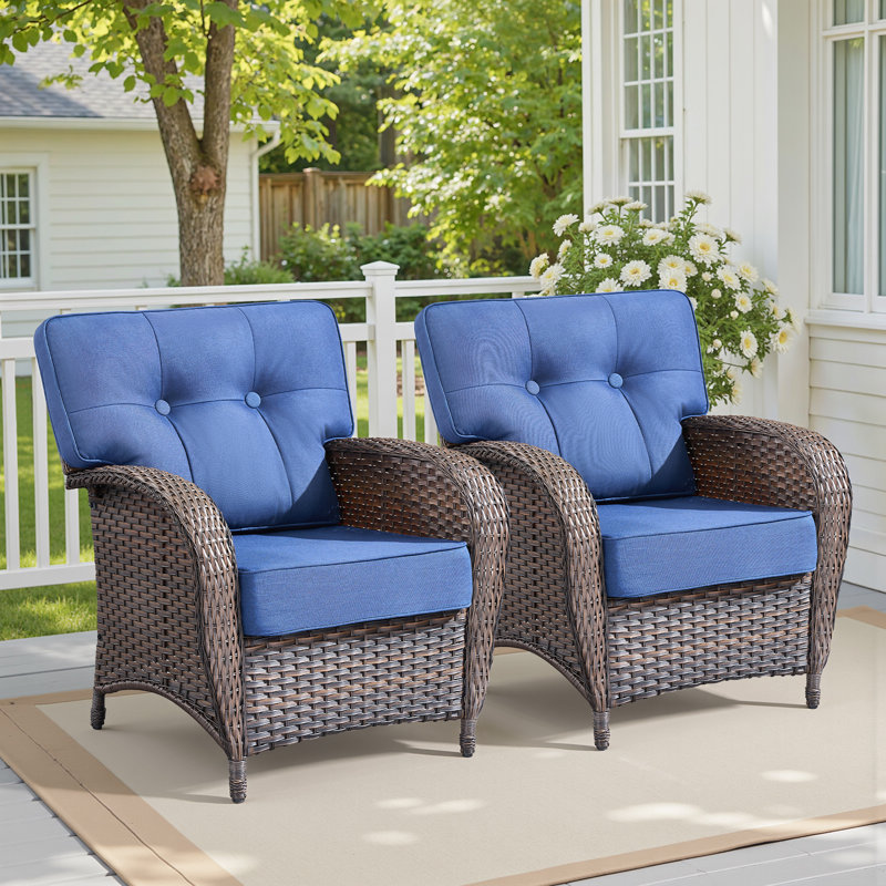 Patio PE Rattan Chairs Set Of 2, All-Weather & Steel Frame Outdoor Conversation Furniture Set With Washable Cushions For Garden, Bistro, Deck, Yard