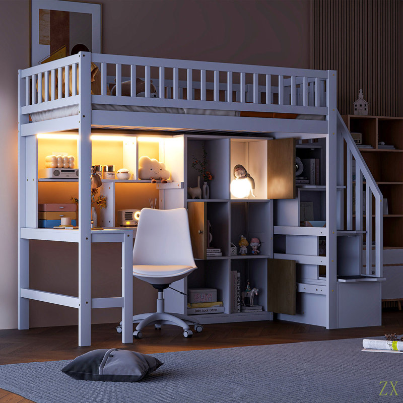 Lit mezzanine simple en bois avec bureau intégré, DEL, tablettes de rangement, armoires et escalier