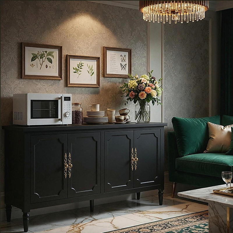 Buffet 58,9 "noir teinté - Buffet rétro avec tablettes réglables