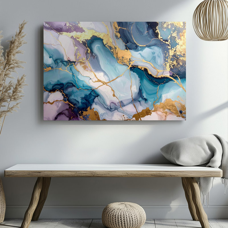 «Opulent Agate», art marbré sur toile avec des nuances métalliques dorées et bleues, art mural sur toile prêt à accrocher
