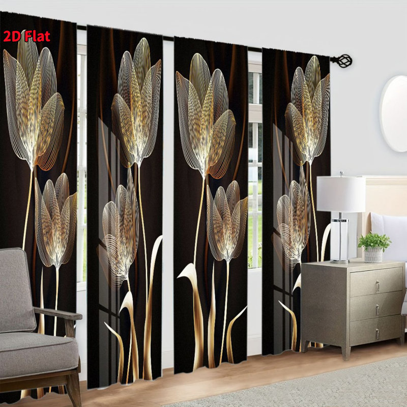 4 pièces rideaux occultants à motif floral doré, installation de poteaux de poche, rideaux d'impression numérique pour salon, chambre à coucher, salle à manger, décoration intérieure, protection de la vie privée, réduction du bruit, isolation thermique