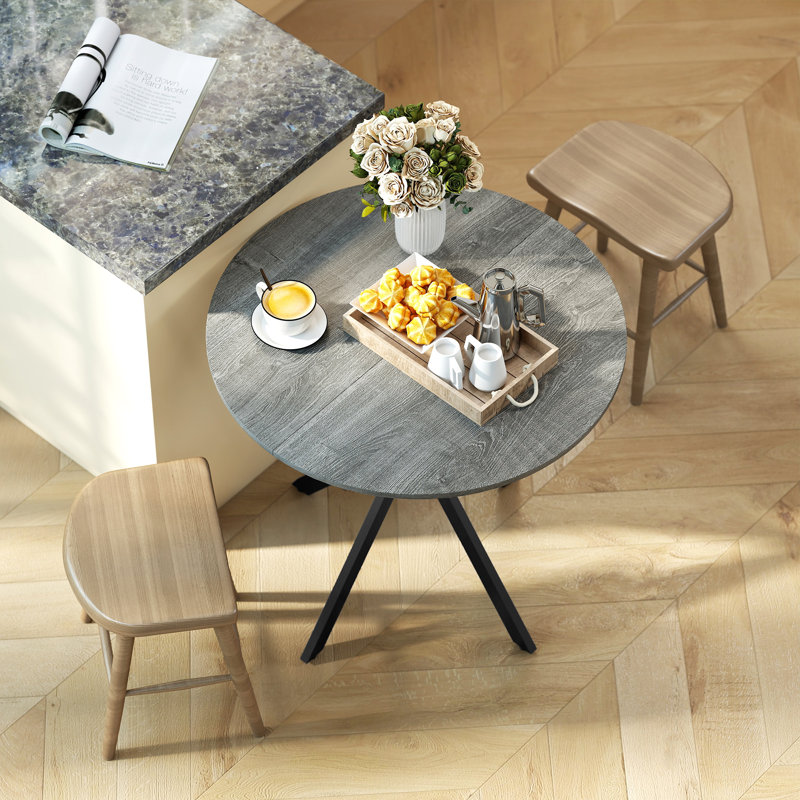 Table de salle à manger ronde, table de cuisine industrielle avec pieds croisés en acier, Bois gris, Noir