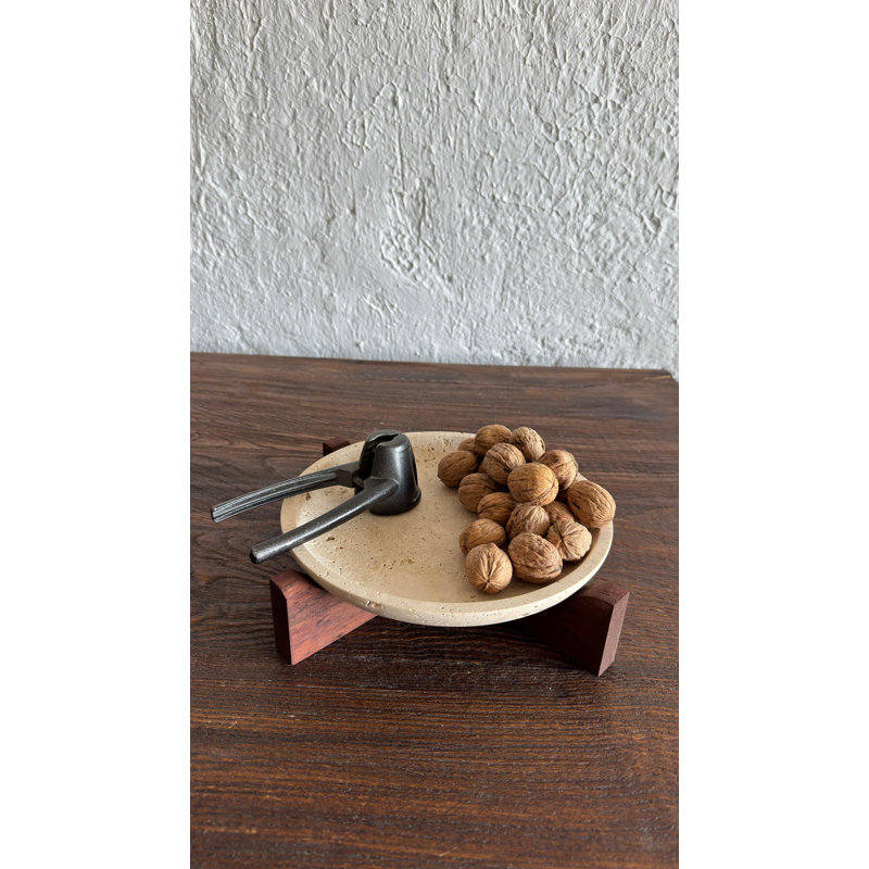 Serving Bowl With Wooden Feet, Travertine