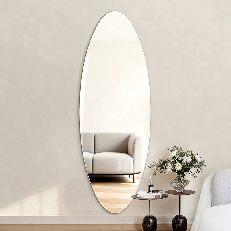 Miroir moderne ovale pleine longueur 63 po x 21 po, verre argenté, incassable, à fixation verticale ou adhésive, idéal pour un usage domestique et commercial