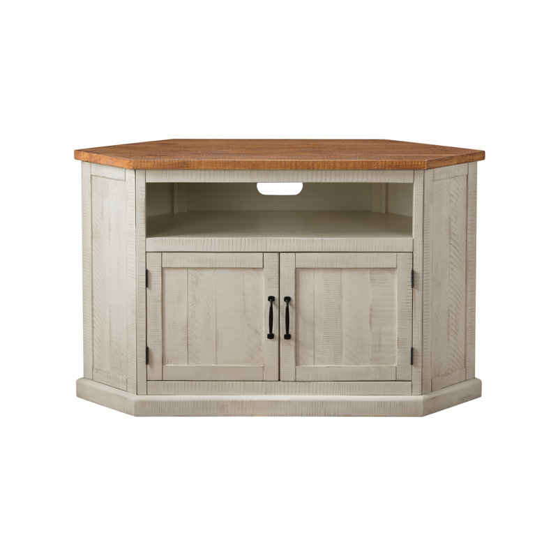 Kinsella 50" Solid Wood Corner TV Stand with Storage, Antique White/Honey Tobacco