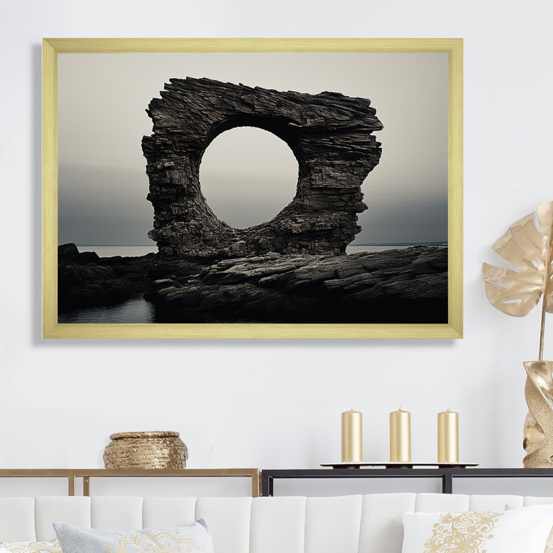 «Black Stone Geode Scenery Minimalisme» sur toile, Cadre doré simple, H 24 po x l 32 po x P 1 po