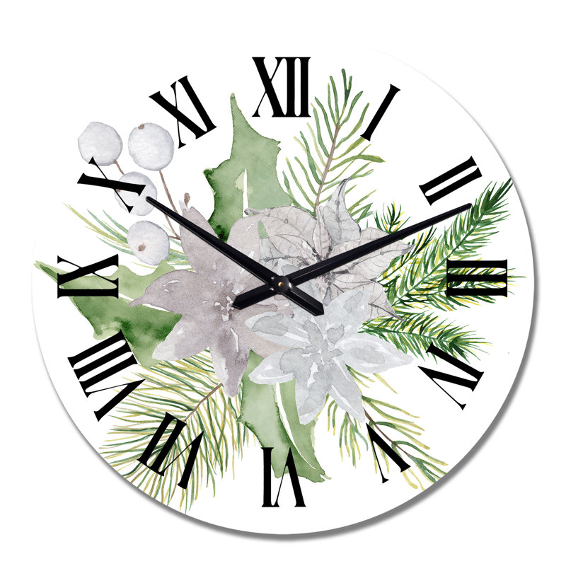 Horloge murale traditionnelle avec bouquet de Noël et branches de coton I, Grand