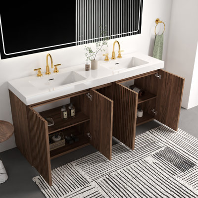 72" Freestanding Double Bathroom Vanity With Integrated White Quartz Sink, Fluted Wood Cabinet, Soft-Close Storage, In Smoked Oak Or Walnut Brown