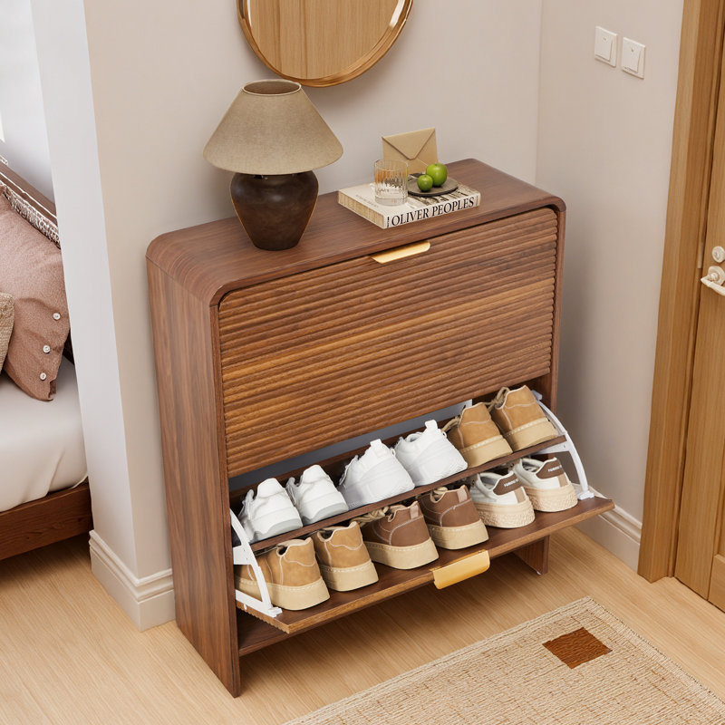16 Pair Shoe Storage Cabinet With 2 Flip Drawers, Walnut