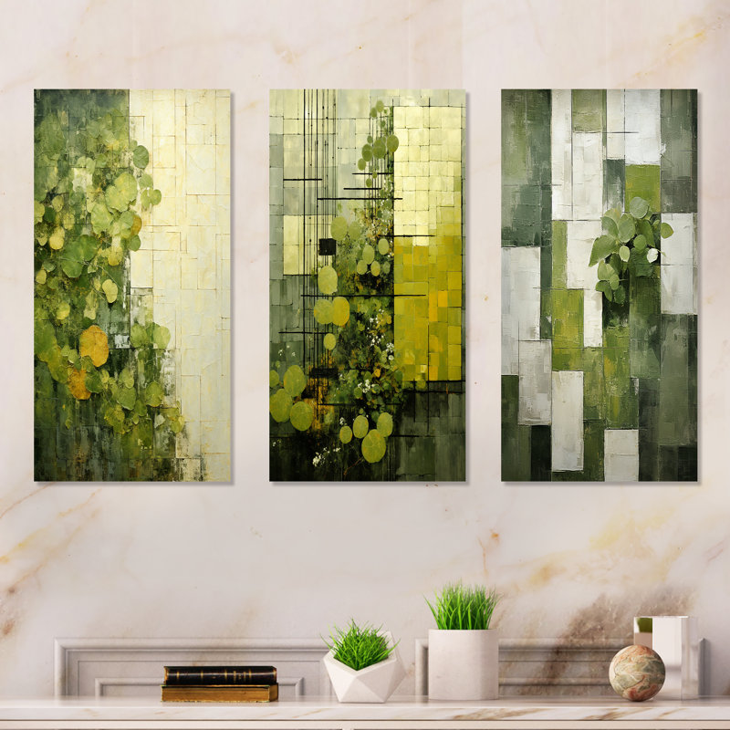 Green Eco Friendly Plants Symphony I - Abstract Botanicals Metal Wall Art Prints Set Of 3, 28" H x 36" W