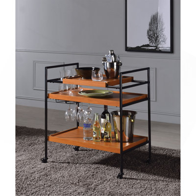 Oak And Black Serving Cart With Stemware Rack