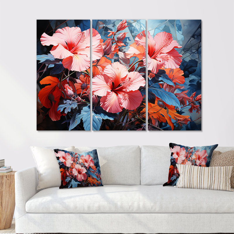Hibiscus rose et bleu, ensemble moderne d'art sur toile Hibiscus, H 28 po x l 36 po x P 1 po, Toile tendue