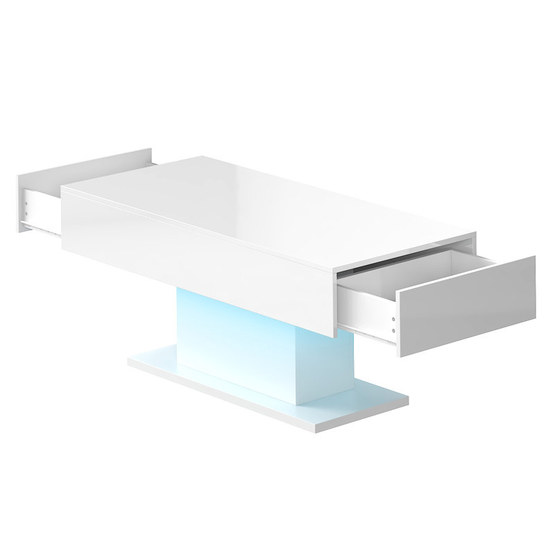 Modern High Gloss Coffee Table with Storage, 2 Drawers & LED Lights for Living Room, White