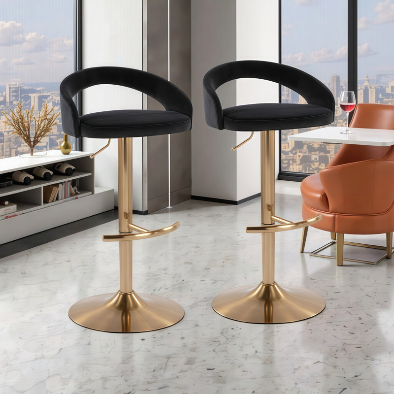 Ensemble de 2/3 tabourets de bar pivotants réglables en velours avec repose-pieds en T et base en métal, Doré, 2, Noir