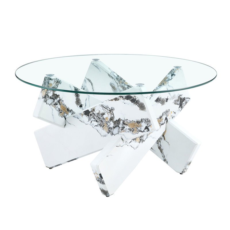 Table basse ronde moderne en verre avec base en marbre blanc - Mobilier de salon contemporain