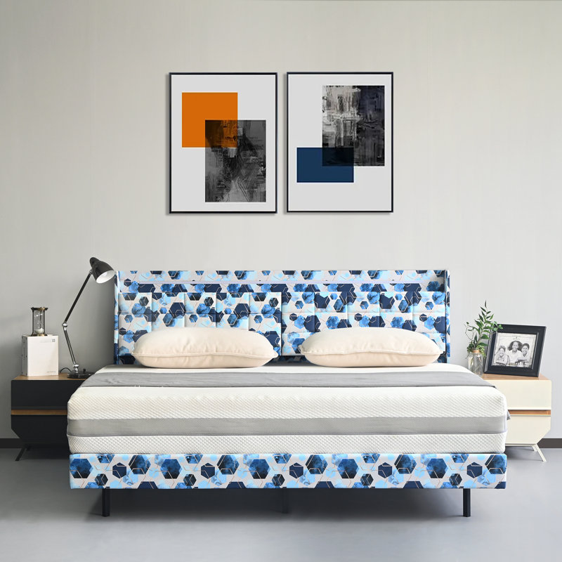 Floating Bed Frame with Storage Headboard, LED Lights and Charging Station, Queen, Beige