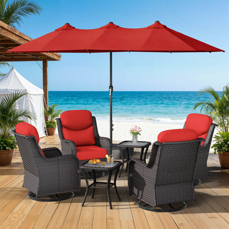 Adcox 4-Person Outdoor Rattan Swivel Chairs Set With Double-sided Patio Umbrella,Side Tables & Red Cushions, Red
