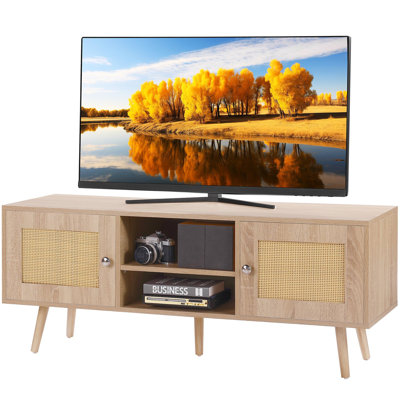 Meuble télé en rotin, meuble télé Boho pour téléviseur de 55 pouces, meuble télé de style Mid-Century moderne, console en rotin avec tablettes réglables pour le salon, salle multimédia, chêne