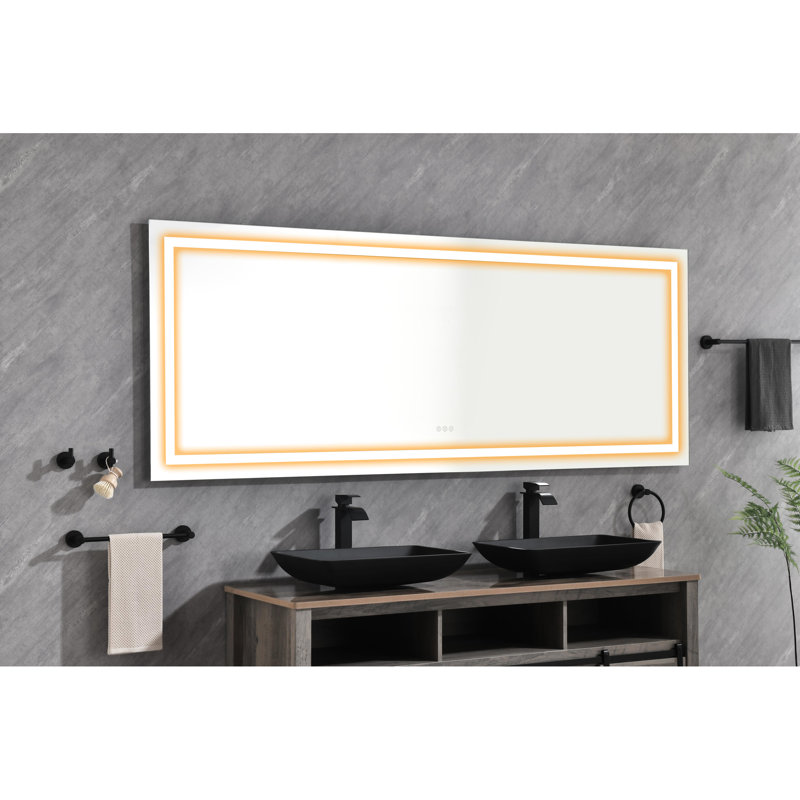 Miroir de salle de bain 96 po x 36 po à DEL, brouillard, 3 combinaisons de couleurs, gradation continue, verre haute définition, aluminium, miroir