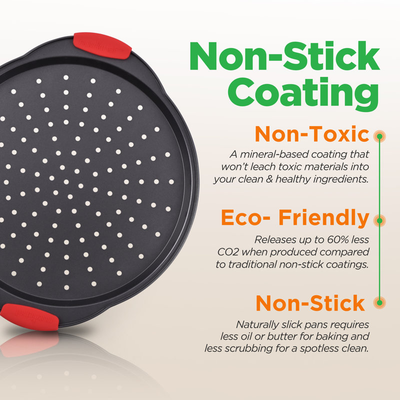 Round Black Non-Stick Pizza Tray with Red Silicone Handles