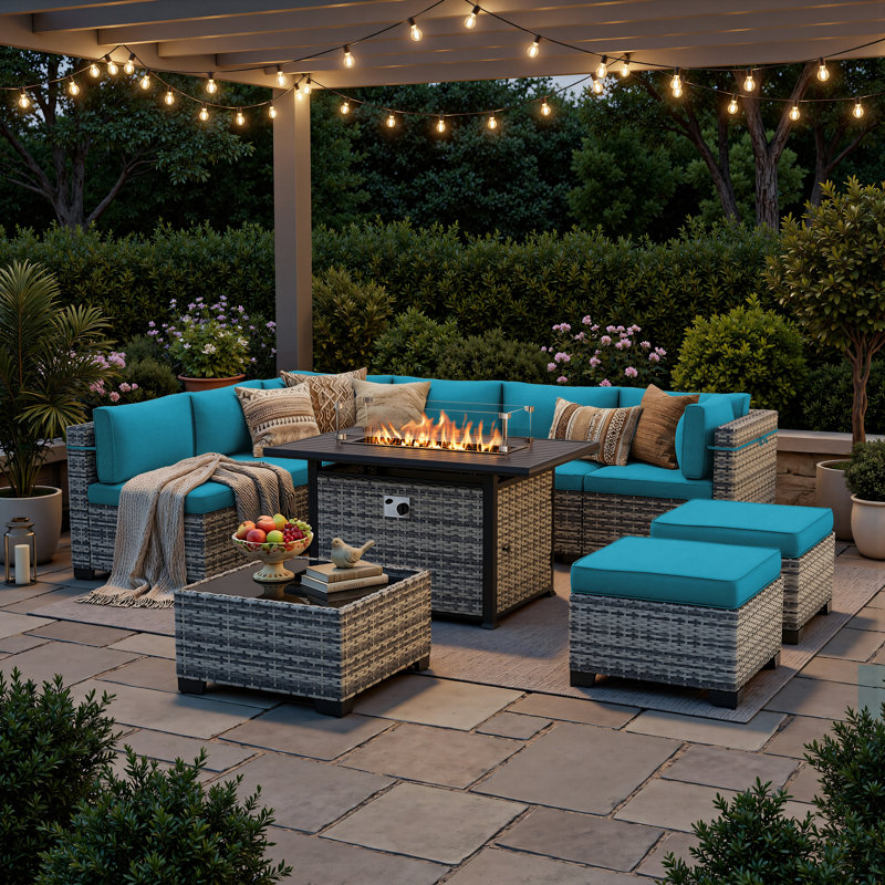 Ensemble de conversation de patio 10 pièces avec table de foyer au propane de 55 000 BTU, canapé modulaire en osier, 2 repose-pieds et table basse