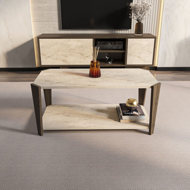 Table basse, Noyer / travertin