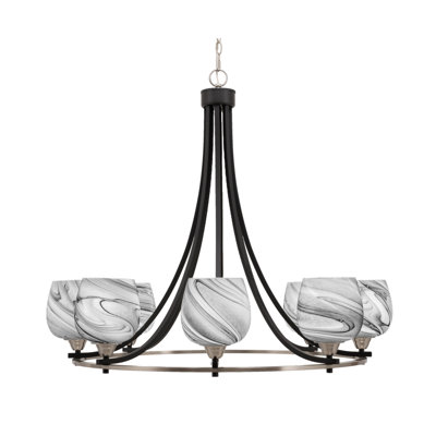 Paramount 8 Light Uplight Chandelier Shown In Matte Black & Brushed Nickel Finish With 6" Onyx Swirl Glass