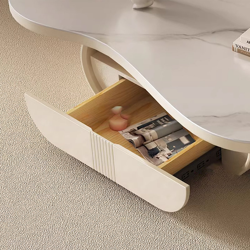 Table basse blanche moderne de 51 po en forme de nuage avec tiroirs et plateau en pierre frittée