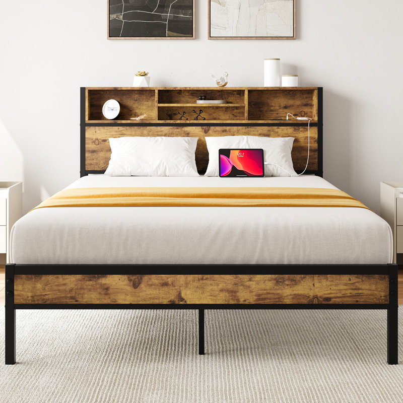 Full Bed Frame With Storage & Charging Station, Metal Wood, Noise-, Black, No Box Spring Required, Easy Assembly Platform Headboard Electrical Sockets, Size, Stable, Required
