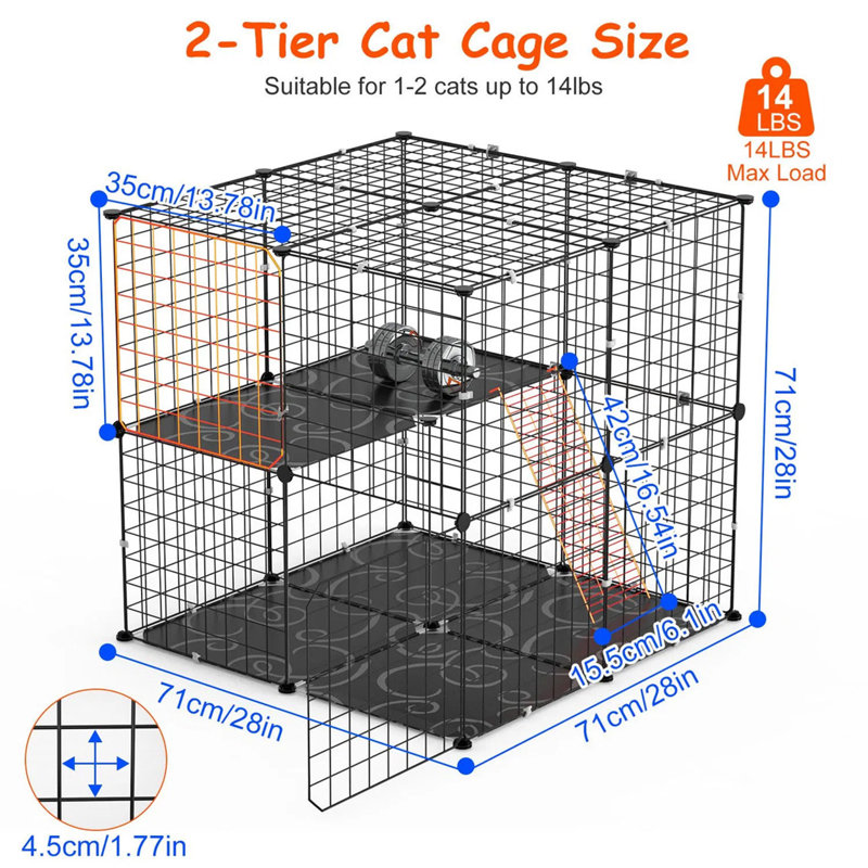 Cage à chat noire en métal détachable, parc intérieur pour chaton, stable pour 1 ou 2 chats furet chinchilla