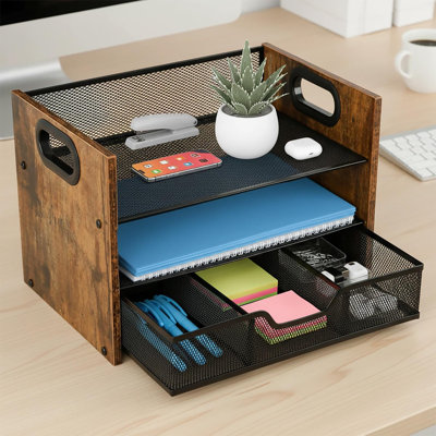 3-Tier Wood Desk File Organizer, Drawer & Paper Tray