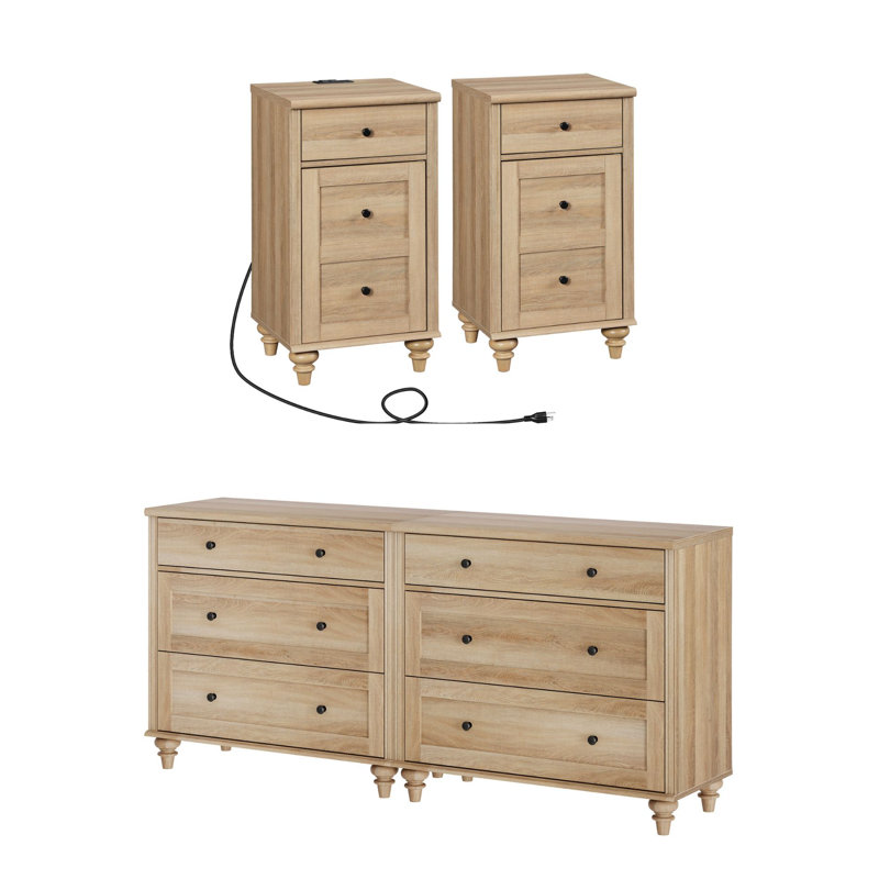 Ensemble de chambre à coucher 2 pièces, commode 6 tiroirs deux-en-un et ensemble de 2 tables de chevet, Chêne